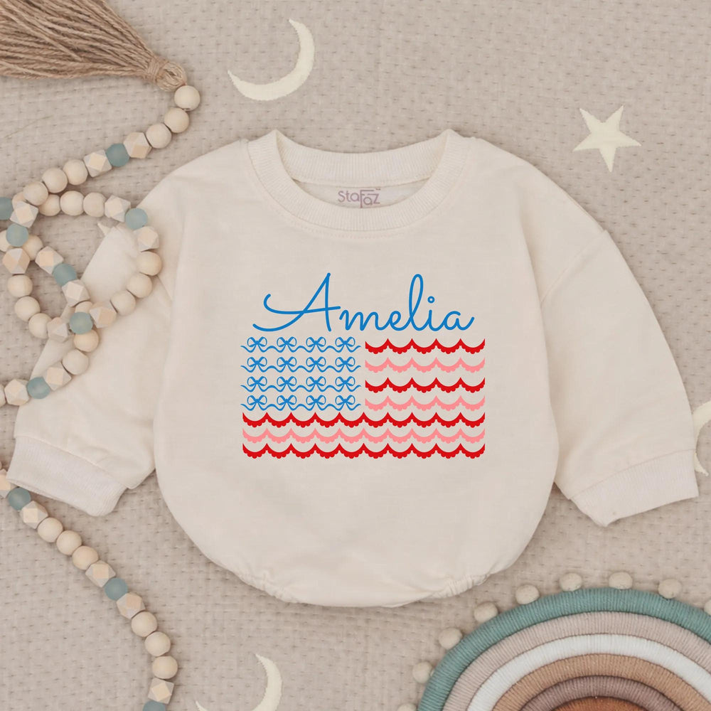 Personalized Amelia Bubble Romper with American Flag Design Baby Fourth of July Outfit Coquette Style Infant Gift Patriotic Holiday Clothes