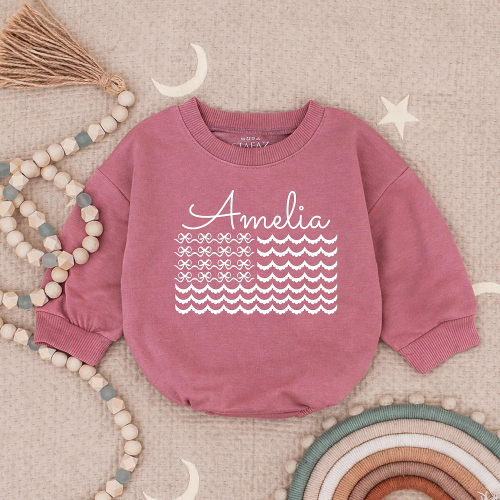 Personalized Amelia Bubble Romper with American Flag Design Baby Fourth of July Outfit Coquette Style Infant Gift Patriotic Holiday Clothes