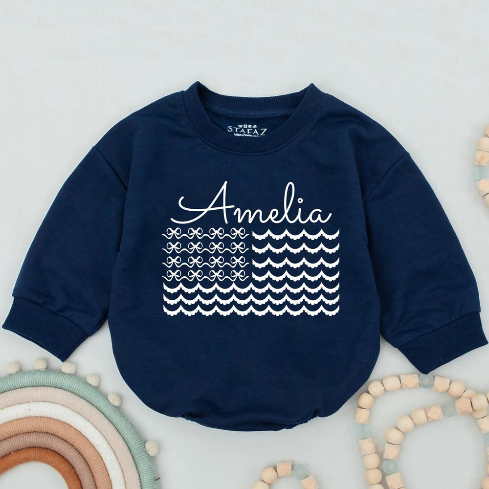 Personalized Amelia Bubble Romper with American Flag Design Baby Fourth of July Outfit Coquette Style Infant Gift Patriotic Holiday Clothes
