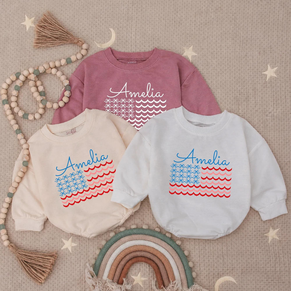 Personalized Amelia Bubble Romper with American Flag Design Baby Fourth of July Outfit Coquette Style Infant Gift Patriotic Holiday Clothes