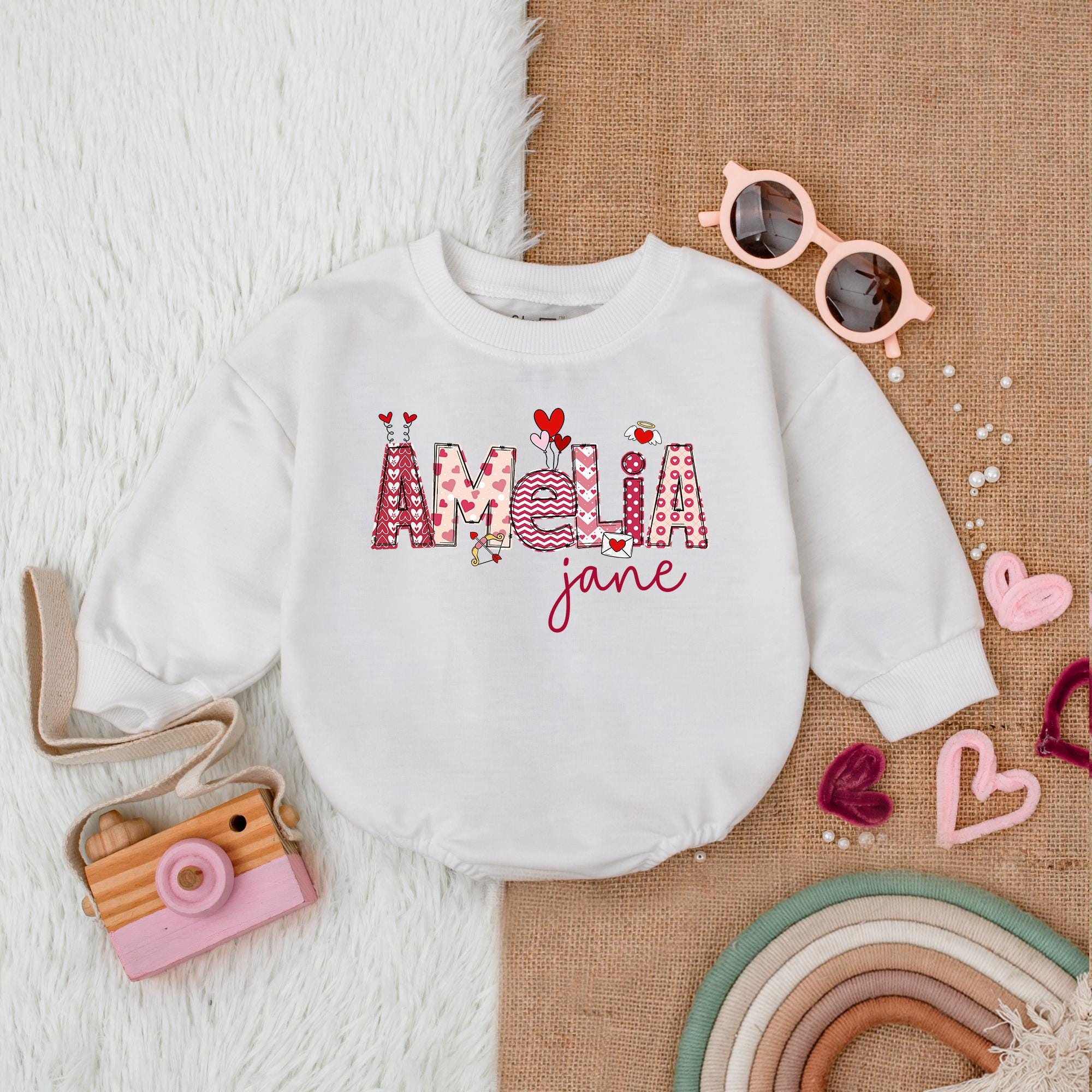 Personalized Amelia Jane Baby Romper Valentine Bodysuit Custom Name Heart Design Pink Red Infant Girl First Holiday Outfit
