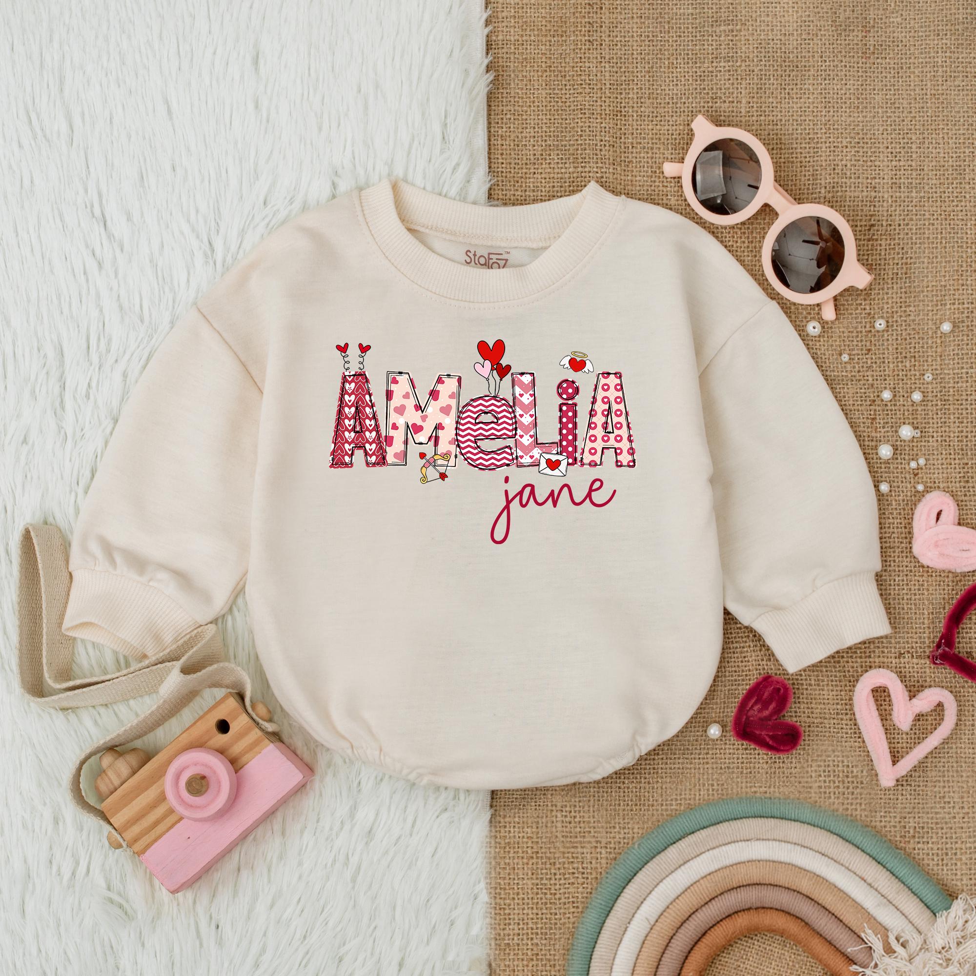 Personalized Amelia Jane Baby Romper Valentine Bodysuit Custom Name Heart Design Pink Red Infant Girl First Holiday Outfit