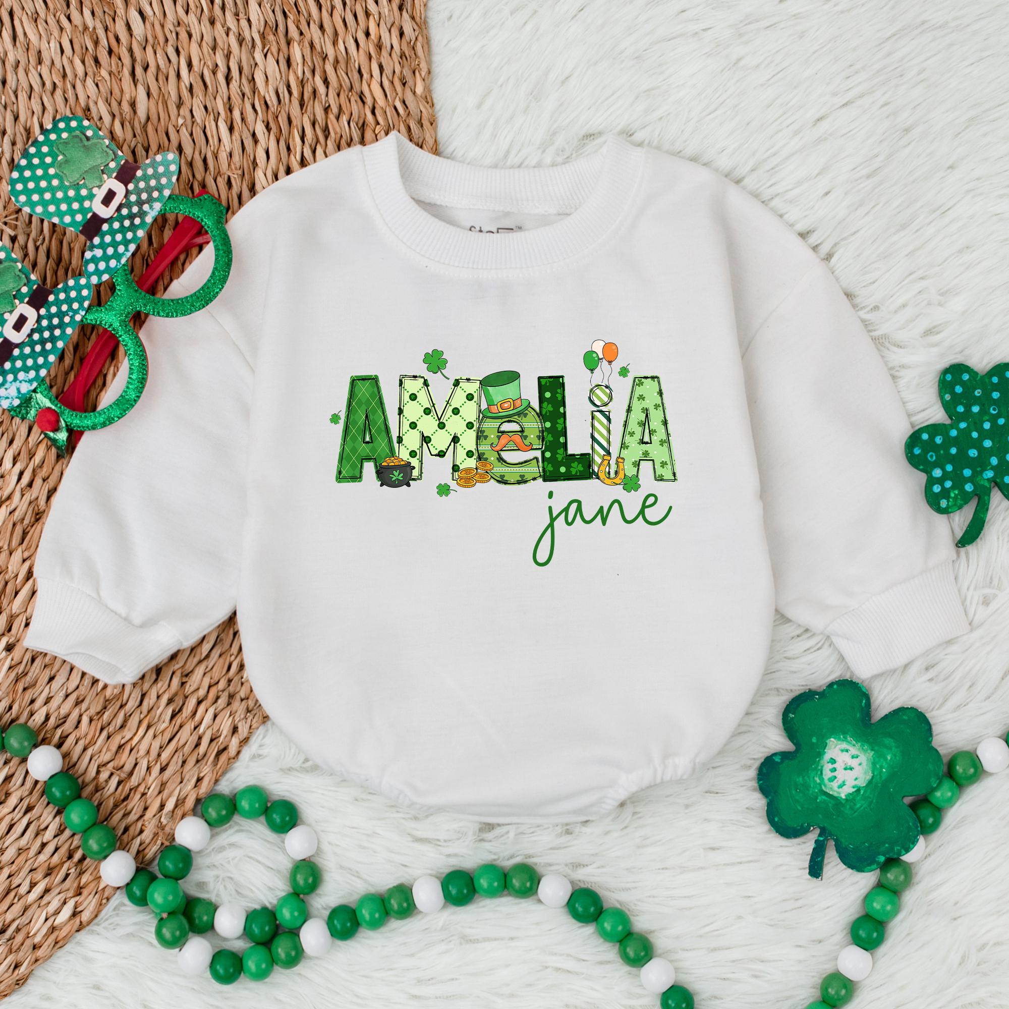 Personalized Amelia Shamrock Baby Romper St. Patrick's Day Outfit with Irish Clover Design Soft Cotton Holiday Gift for Infants