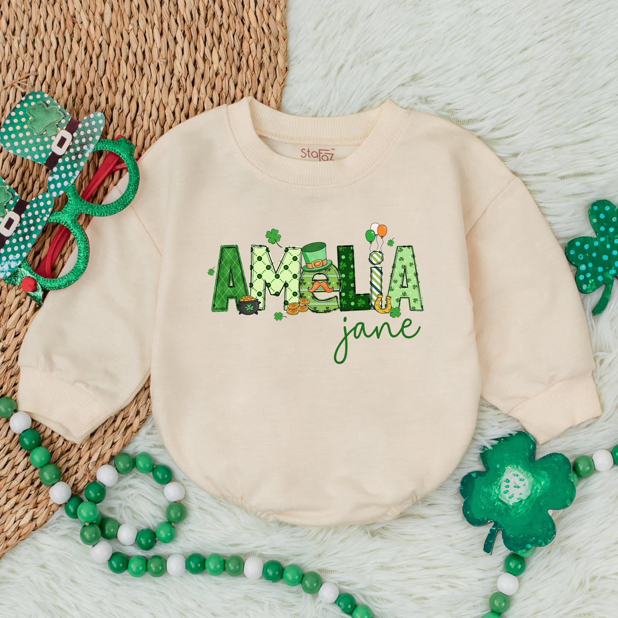 Personalized Amelia Shamrock Baby Romper St. Patrick's Day Outfit with Irish Clover Design Soft Cotton Holiday Gift for Infants