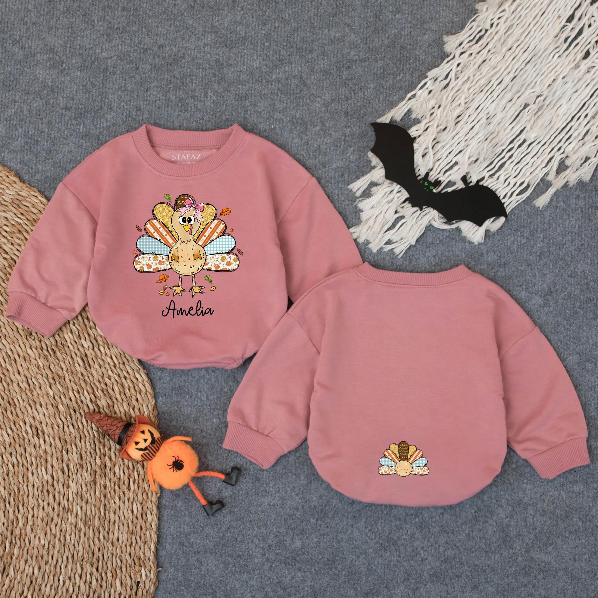 Personalized Amelia's First Thanksgiving Baby Romper Festive Turkey Design Infant Fall Outfit Holiday Celebration Baby Girl Boy