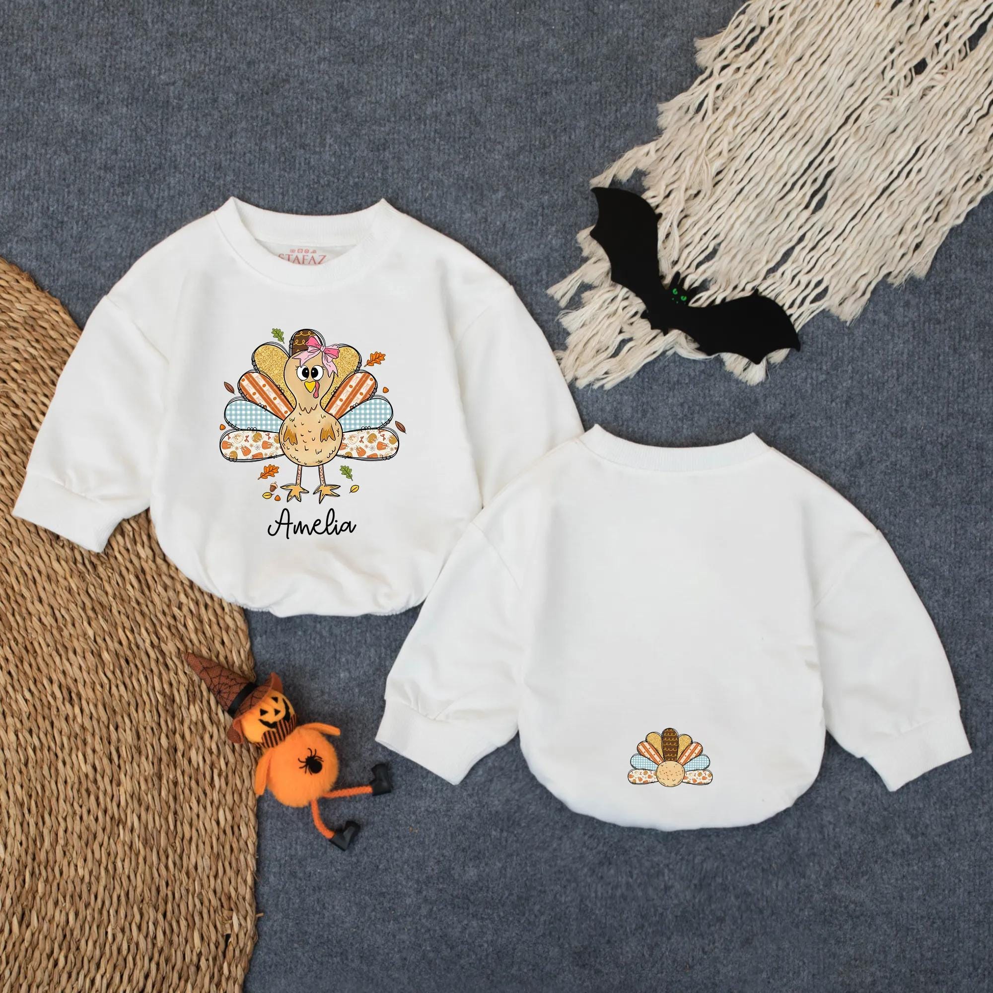 Personalized Amelia's First Thanksgiving Baby Romper Festive Turkey Design Infant Fall Outfit Holiday Celebration Baby Girl Boy