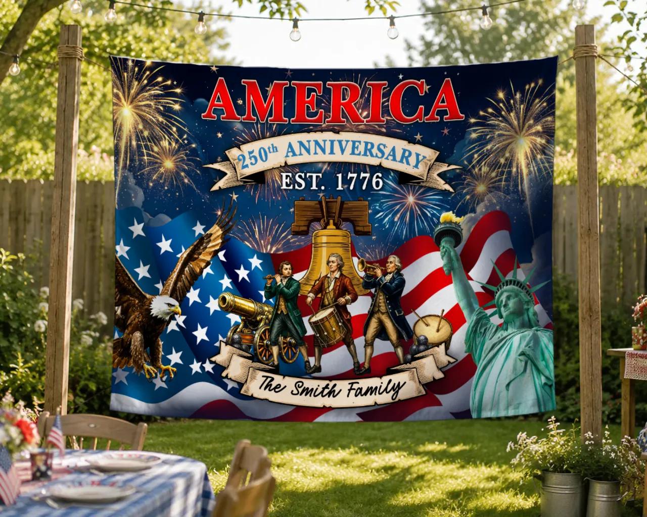 Personalized America 250th Anniversary Banner with Family Name, Patriotic Liberty Bell and Eagle Design, 4th of July Outdoor Decor 2026