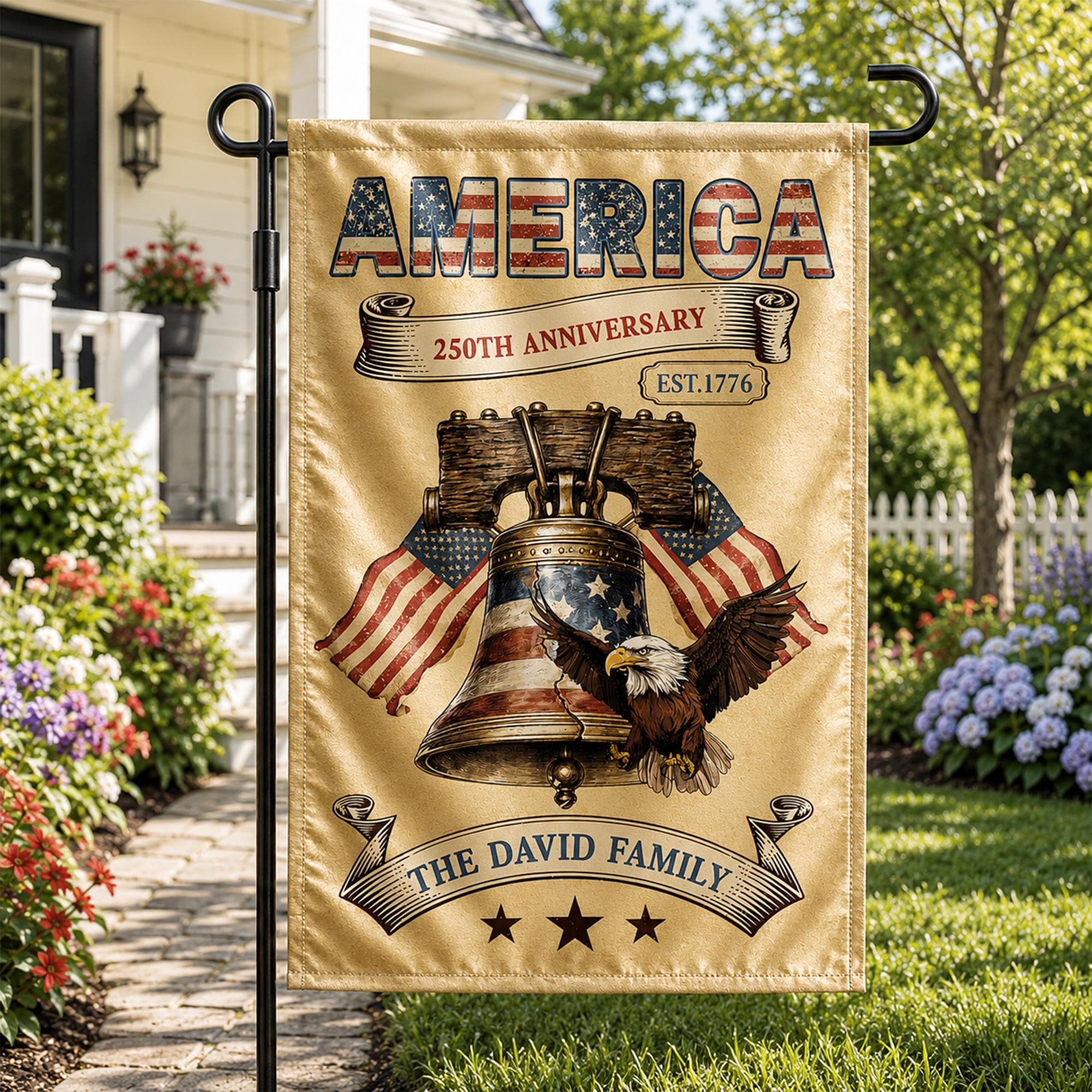 Personalized America 250th Anniversary Family Banner with Liberty Bell and Bald Eagle, Patriotic Outdoor Decor for Independence Day 2026
