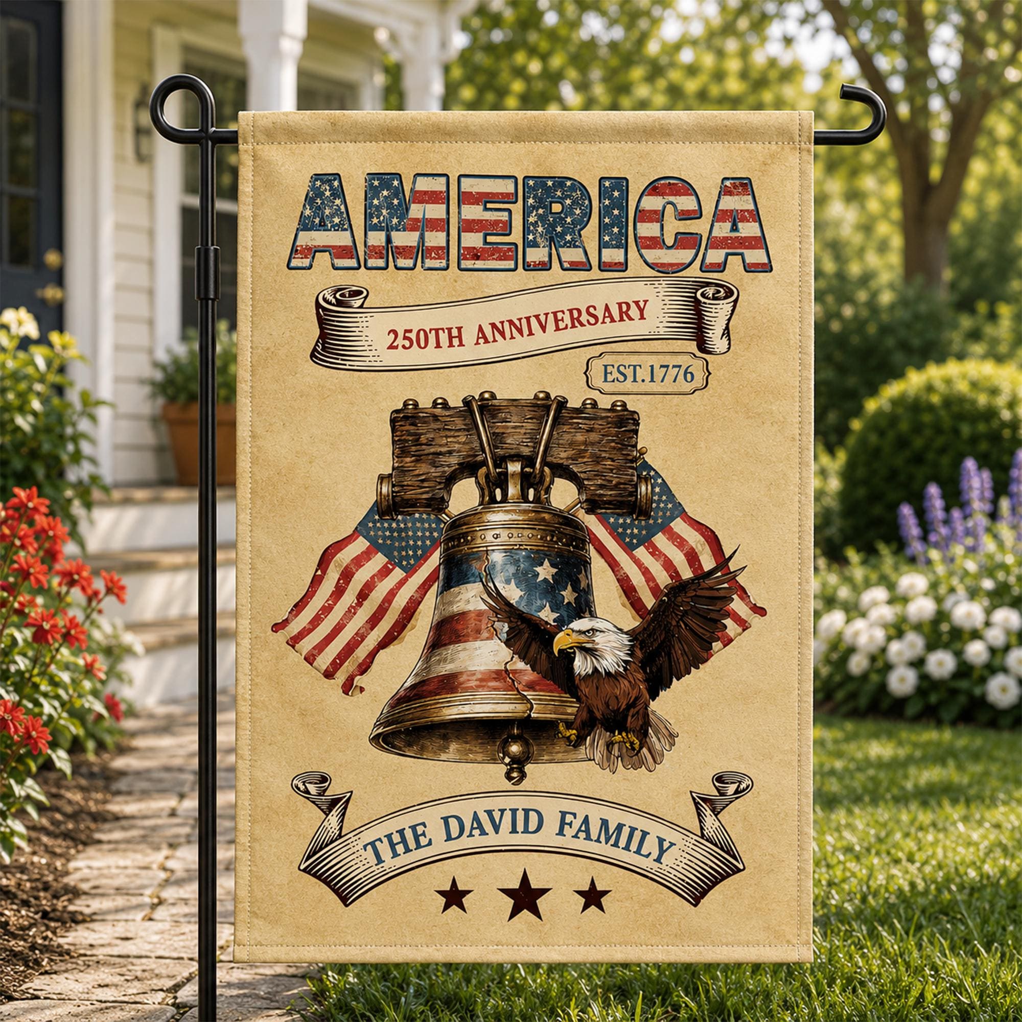 Personalized America 250th Anniversary Family Banner with Liberty Bell and Bald Eagle, Patriotic Outdoor Decor for Independence Day 2026