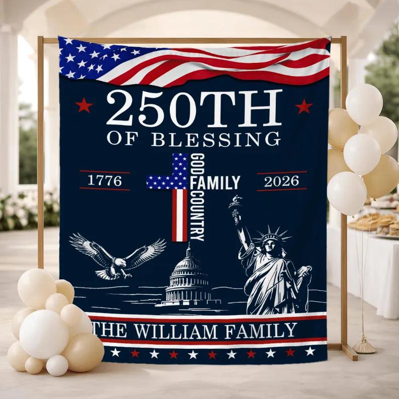 Personalized America 250th Anniversary Silk Banner with Family Name Patriotic USA Decor 4th of July Milestone 1776-2026 Celebration