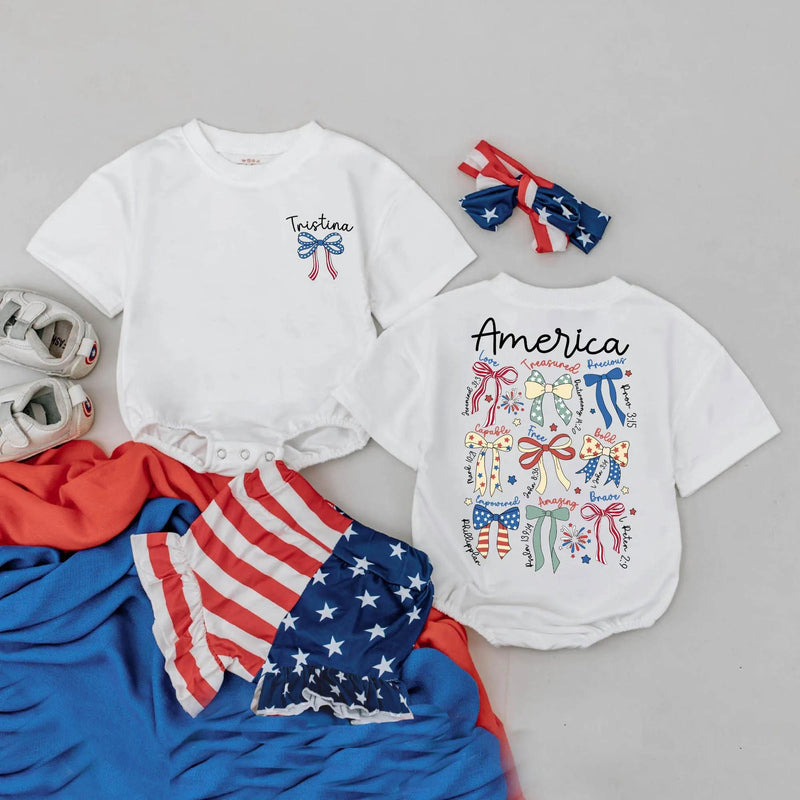 Personalized America Baby Bubble Romper Patriotic Bow 4th of July Infant Outfit Playful Red White Blue Celebratory Independence Day Wear