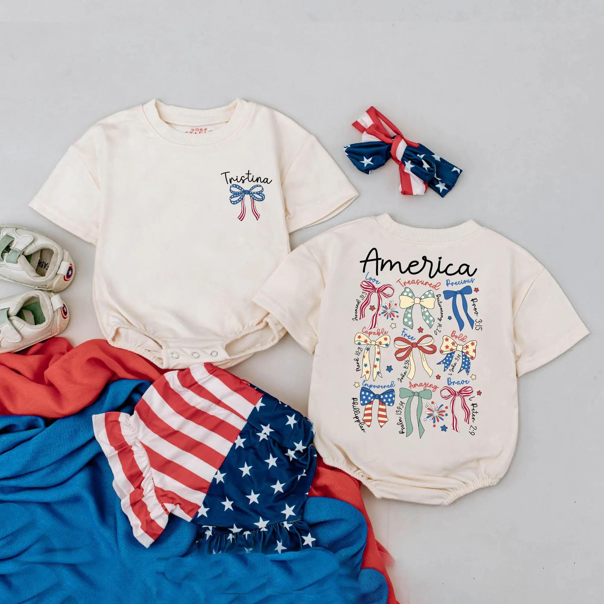 Personalized America Baby Bubble Romper Patriotic Bow 4th of July Infant Outfit Playful Red White Blue Celebratory Independence Day Wear