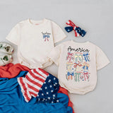 Personalized America Baby Bubble Romper Patriotic Bow 4th of July Infant Outfit Playful Red White Blue Celebratory Independence Day Wear