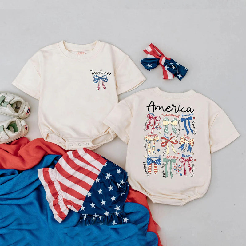 Personalized America Baby Bubble Romper Patriotic Bow 4th of July Infant Outfit Playful Red White Blue Celebratory Independence Day Wear