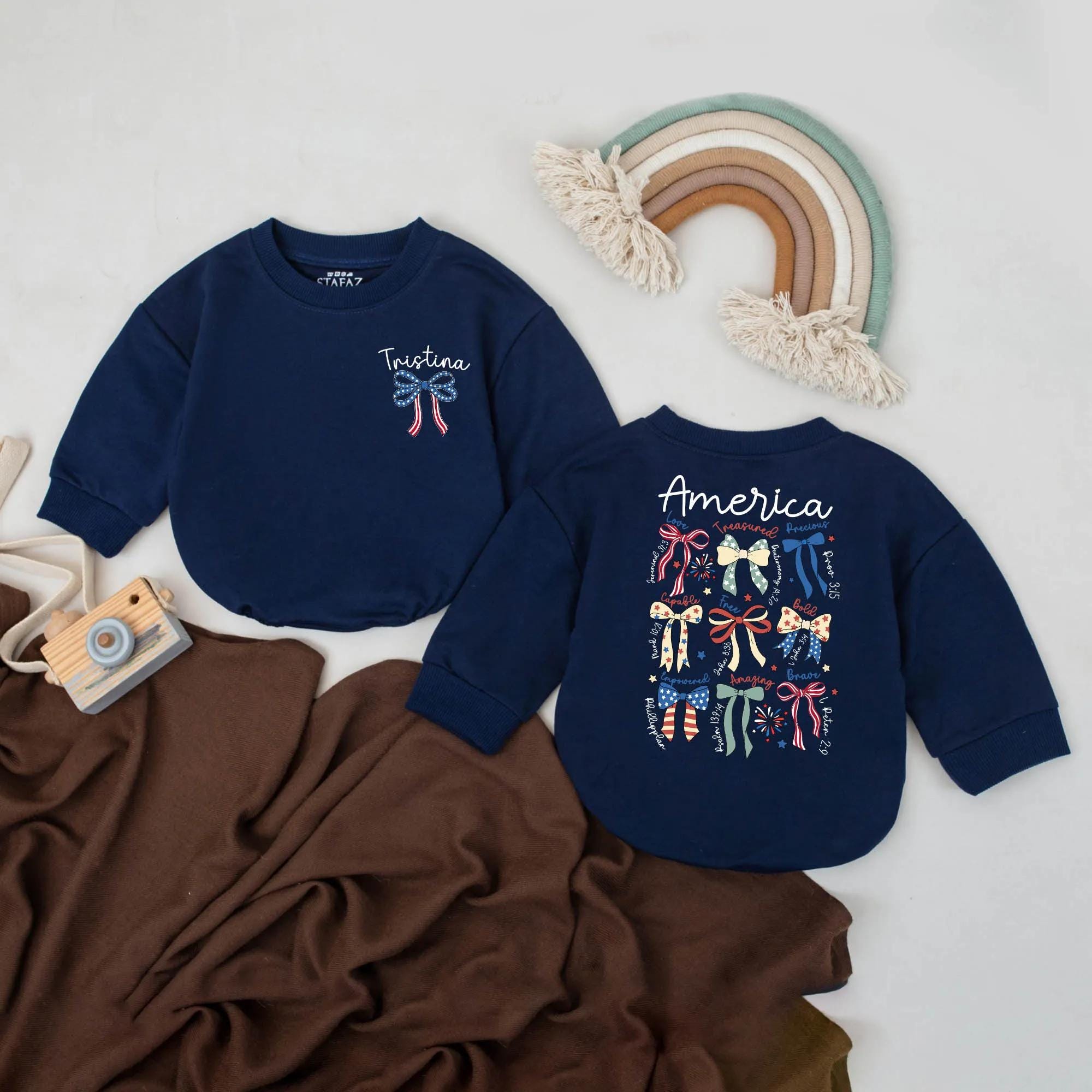 Personalized America Baby Bubble Romper Patriotic Bow 4th of July Infant Outfit Playful Red White Blue Celebratory Independence Day Wear