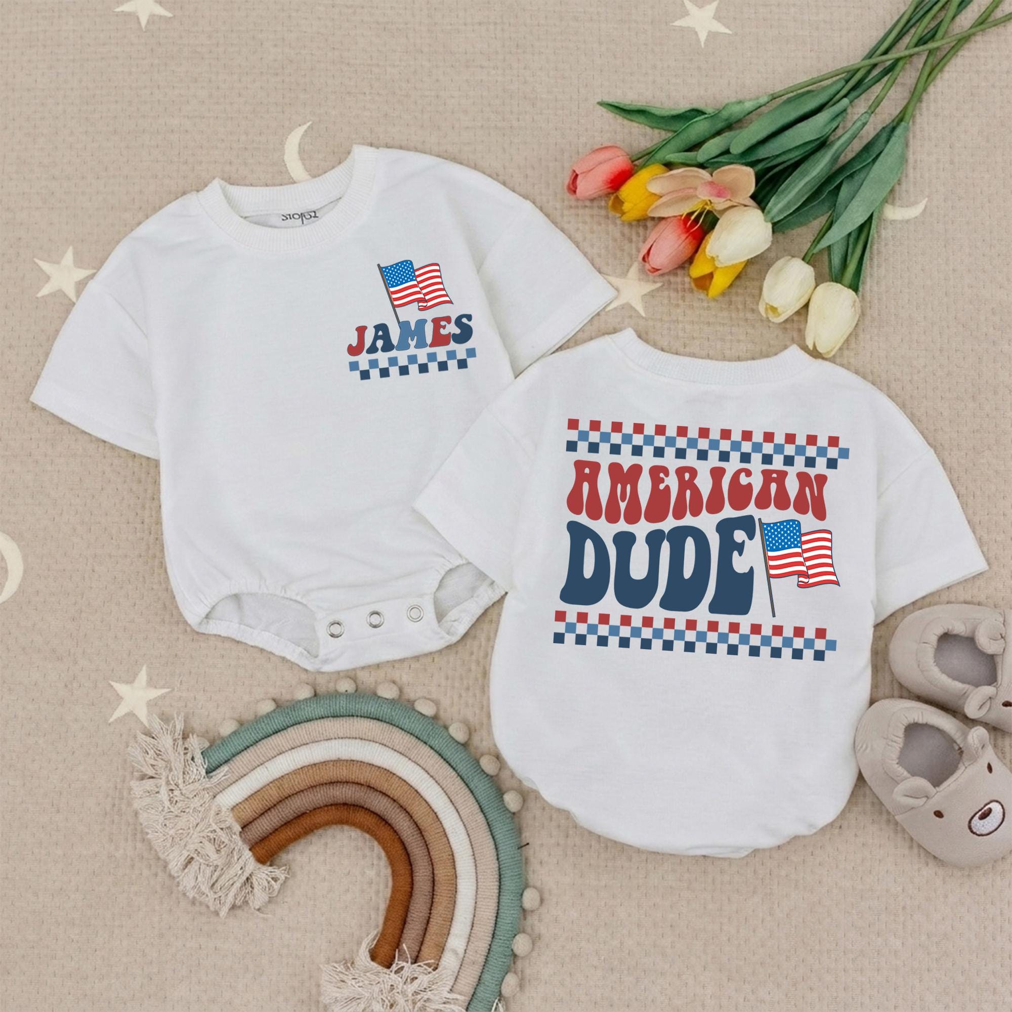 Personalized American Dude Baby Boy Romper with Name Retro 4th of July Outfit Red White Blue Patriotic Infant Clothes Fun Holiday Design