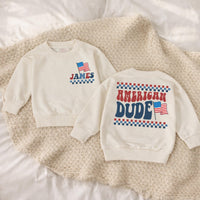 Personalized American Dude Baby Boy Romper with Name Retro 4th of July Outfit Red White Blue Patriotic Infant Clothes Fun Holiday Design