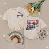 Personalized American Dude Baby Boy Romper with Name Retro 4th of July Outfit Red White Blue Patriotic Infant Clothes Fun Holiday Design