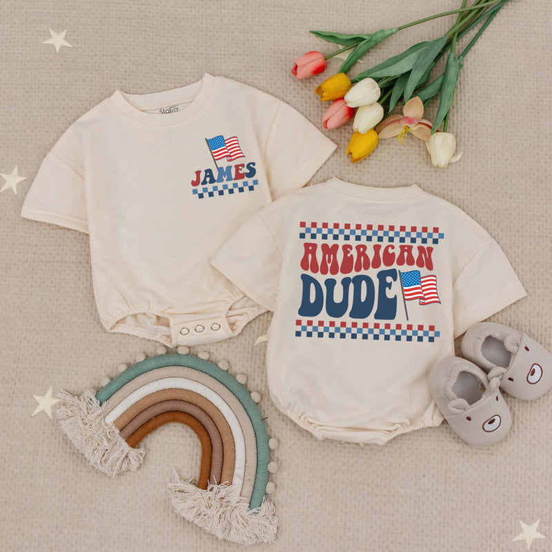 Personalized American Dude Baby Boy Romper with Name Retro 4th of July Outfit Red White Blue Patriotic Infant Clothes Fun Holiday Design