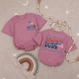 Personalized American Dude Baby Boy Romper with Name Retro 4th of July Outfit Red White Blue Patriotic Infant Clothes Fun Holiday Design