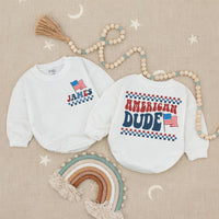 Personalized American Dude Baby Boy Romper with Name Retro 4th of July Outfit Red White Blue Patriotic Infant Clothes Fun Holiday Design