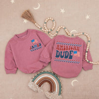 Personalized American Dude Baby Boy Romper with Name Retro 4th of July Outfit Red White Blue Patriotic Infant Clothes Fun Holiday Design