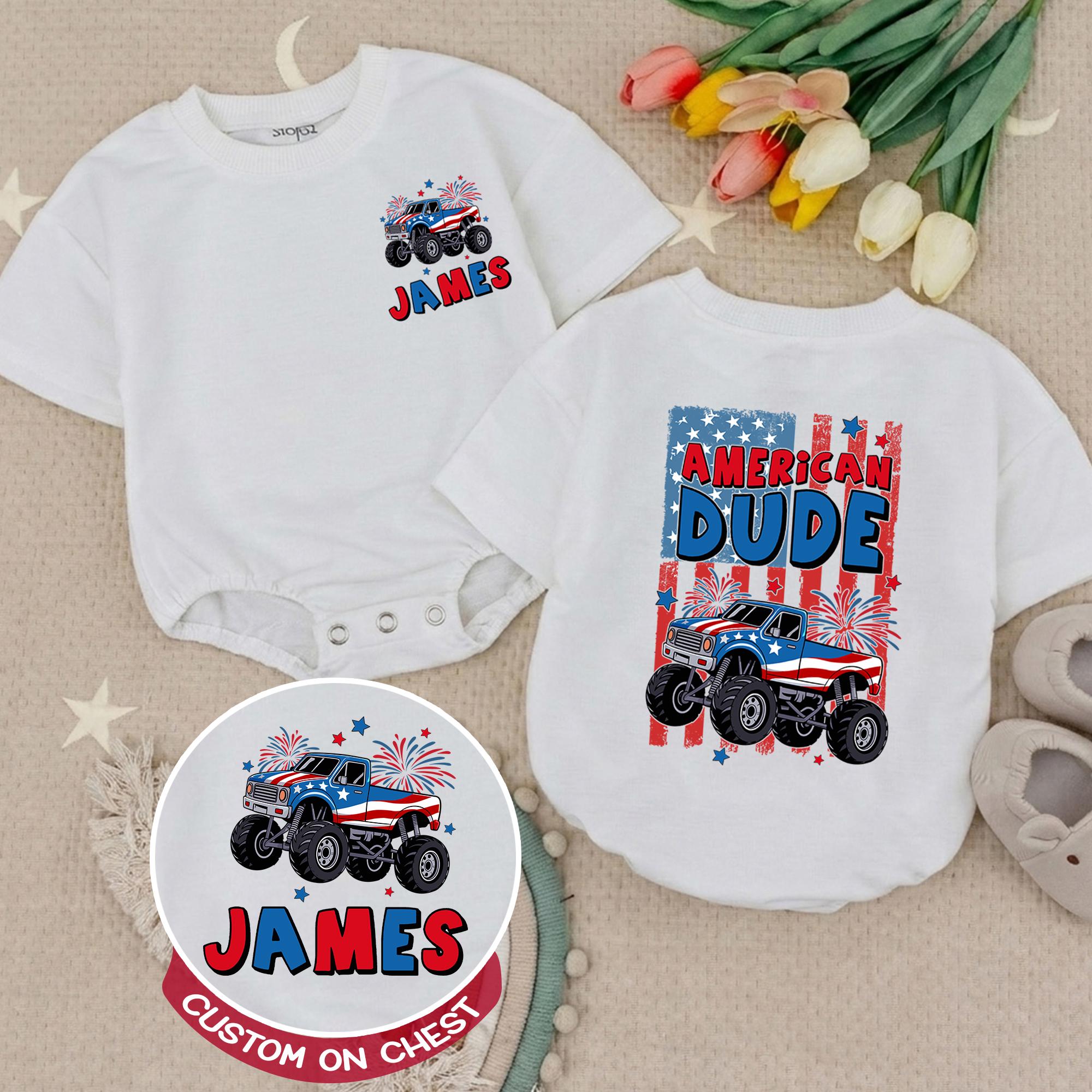 Personalized American Dude Toddler Shirt with Patriotic Monster Truck, Custom Name 4th of July Baby Tee Festive USA Outfit for Kids