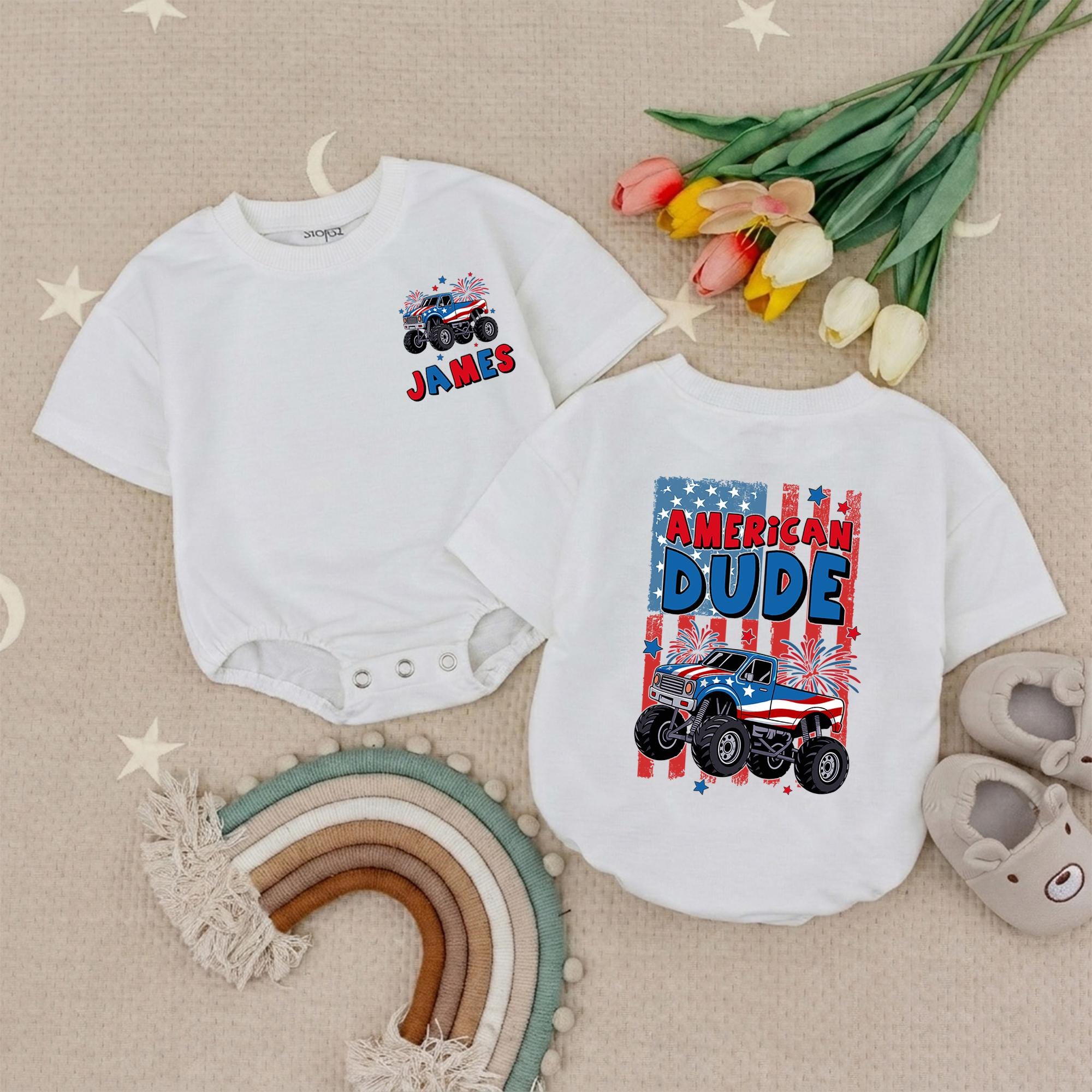 Personalized American Dude Toddler Shirt with Patriotic Monster Truck, Custom Name 4th of July Baby Tee Festive USA Outfit for Kids