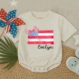 Personalized American Flag Baby Romper with Polka Dot Bow for Girls Custom Name 4th of July Toddler Outfit Holiday Infant Gift