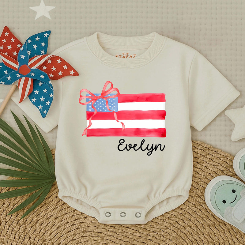 Personalized American Flag Baby Romper with Polka Dot Bow for Girls Custom Name 4th of July Toddler Outfit Holiday Infant Gift