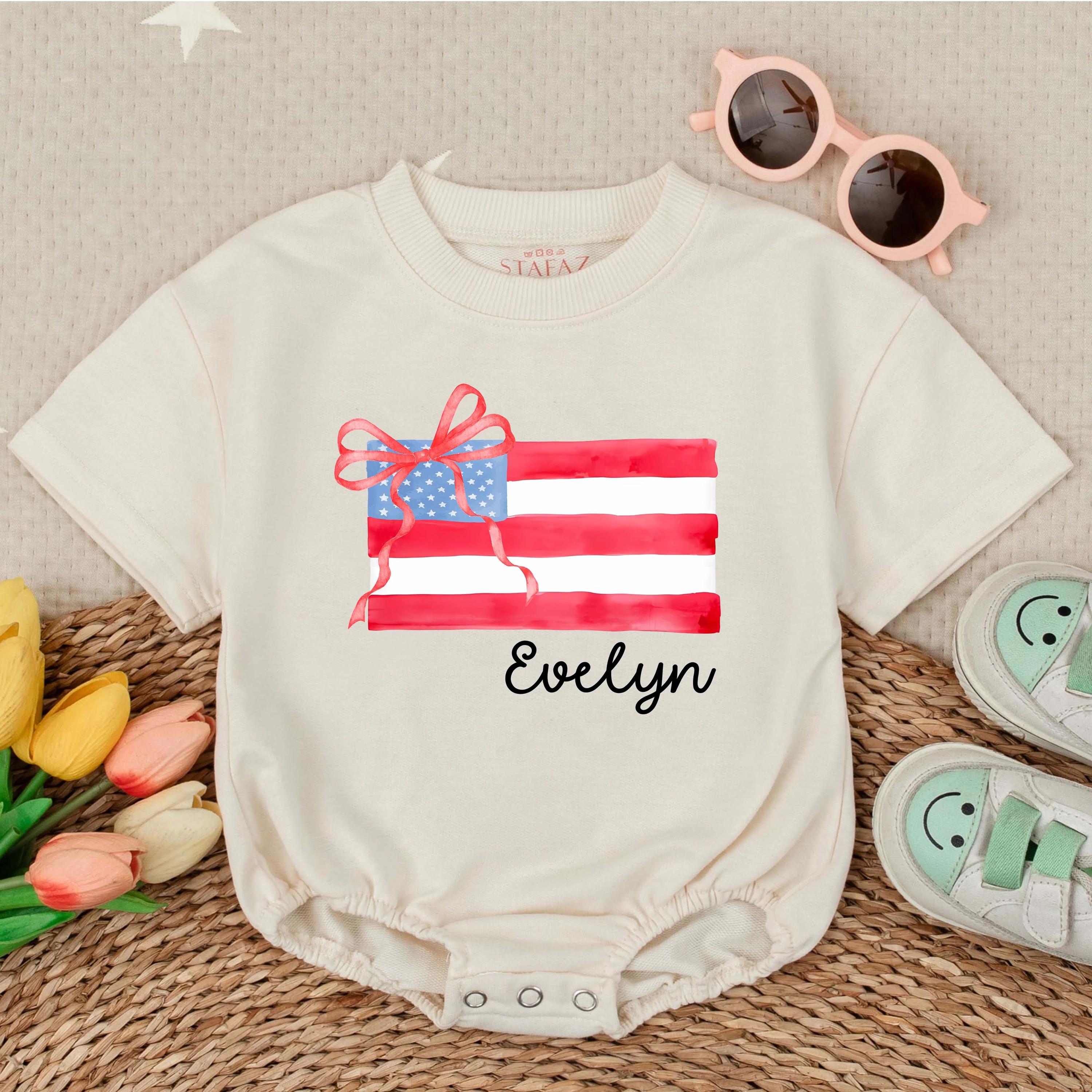Personalized American Flag Baby Romper with Polka Dot Bow for Girls Custom Name 4th of July Toddler Outfit Holiday Infant Gift