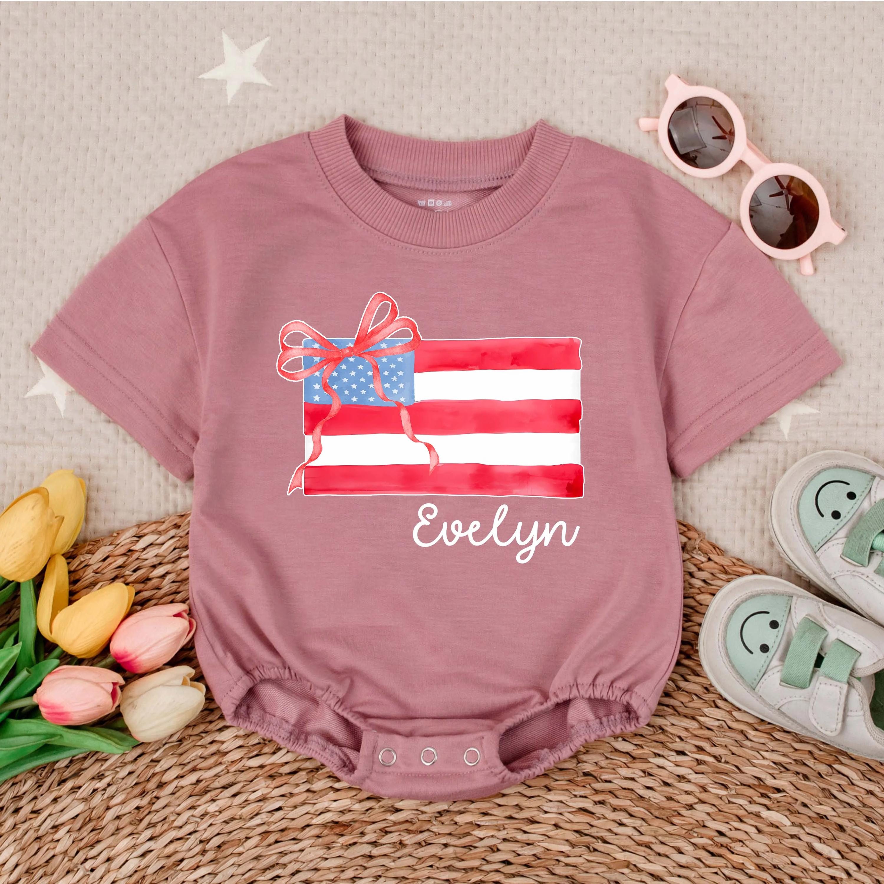 Personalized American Flag Baby Romper with Polka Dot Bow for Girls Custom Name 4th of July Toddler Outfit Holiday Infant Gift