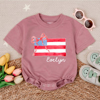 Personalized American Flag Baby Romper with Polka Dot Bow for Girls Custom Name 4th of July Toddler Outfit Holiday Infant Gift