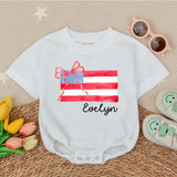 Personalized American Flag Baby Romper with Polka Dot Bow for Girls Custom Name 4th of July Toddler Outfit Holiday Infant Gift