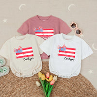 Personalized American Flag Baby Romper with Polka Dot Bow for Girls Custom Name 4th of July Toddler Outfit Holiday Infant Gift