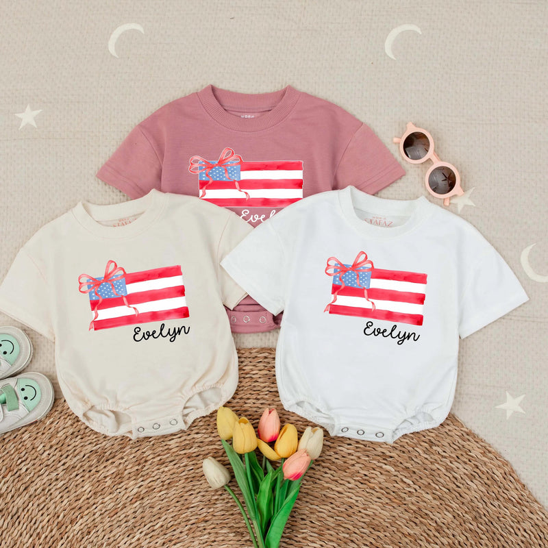 Personalized American Flag Baby Romper with Polka Dot Bow for Girls Custom Name 4th of July Toddler Outfit Holiday Infant Gift
