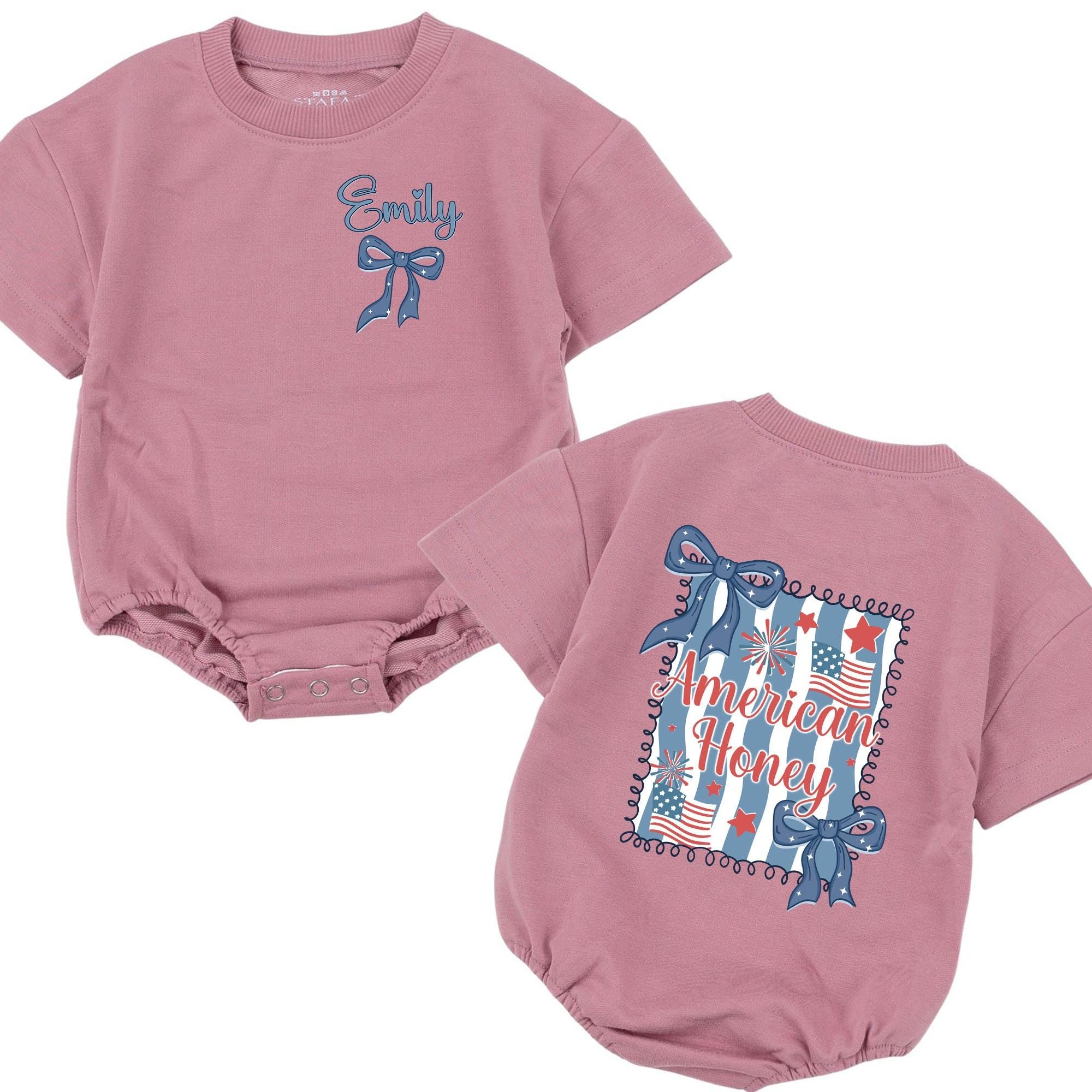 Personalized American Honey Baby Bubble Romper with Name Patriotic 4th of July Toddler Outfit Girly Independence Day Clothes Gift