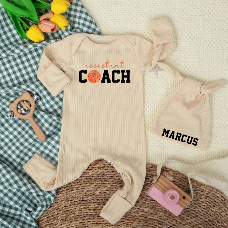 Personalized Assistant Coach Baby Bodysuit with Basketball Design, Ribbed Cotton Romper & Hat for Baby Shower Gift or First Photos