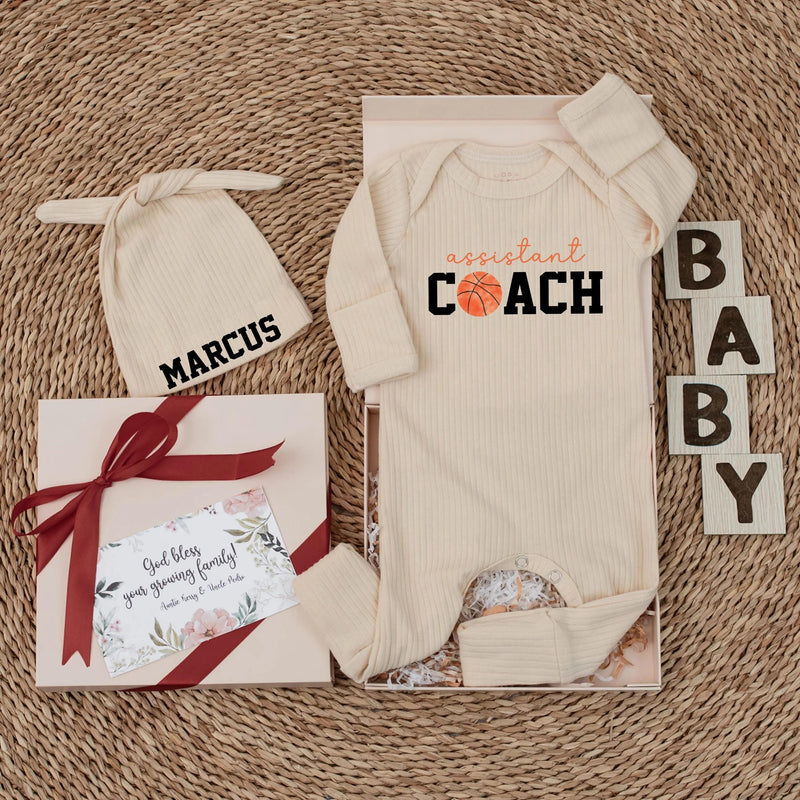 Personalized Assistant Coach Baby Bodysuit with Basketball Design, Ribbed Cotton Romper & Hat for Baby Shower Gift or First Photos