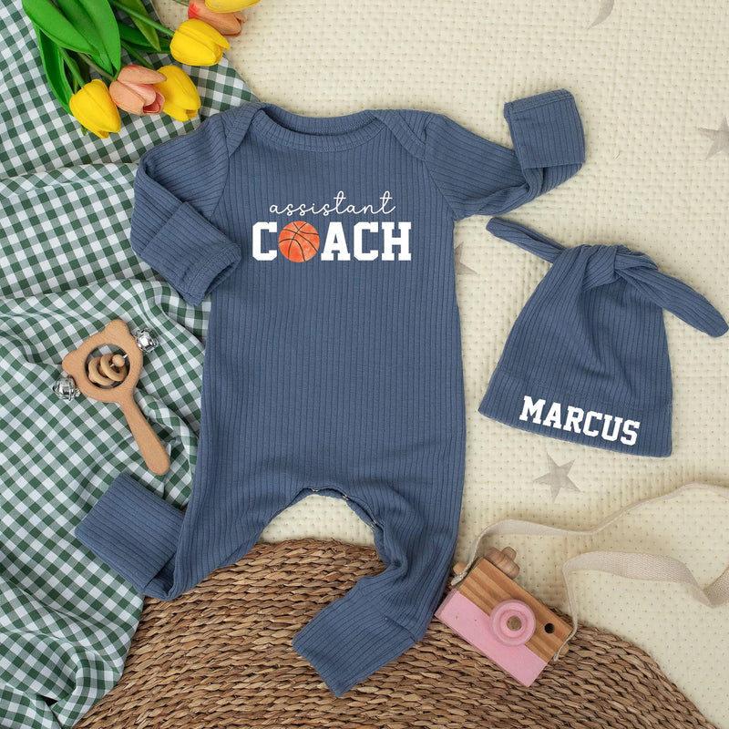 Personalized Assistant Coach Baby Bodysuit with Basketball Design, Ribbed Cotton Romper & Hat for Baby Shower Gift or First Photos