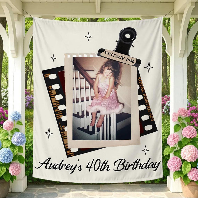 Personalized Audrey’s 40th Birthday Silk Banner with Retro Photo Design Nostalgic Party Backdrop Custom Milestone Birthday Decor Gift