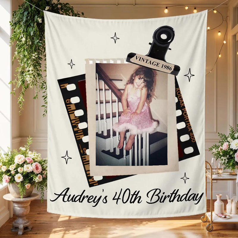 Personalized Audrey’s 40th Birthday Silk Banner with Retro Photo Design Nostalgic Party Backdrop Custom Milestone Birthday Decor Gift