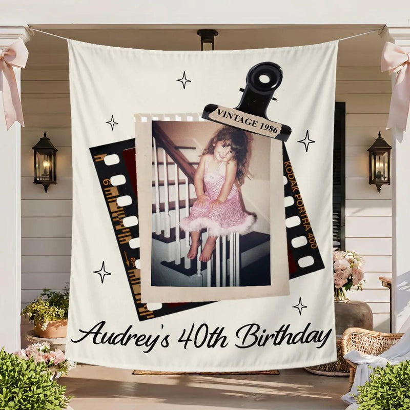 Personalized Audrey’s 40th Birthday Silk Banner with Retro Photo Design Nostalgic Party Backdrop Custom Milestone Birthday Decor Gift