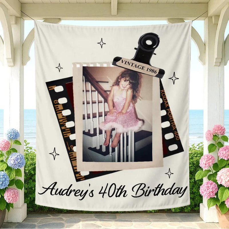 Personalized Audrey’s 40th Birthday Silk Banner with Retro Photo Design Nostalgic Party Backdrop Custom Milestone Birthday Decor Gift