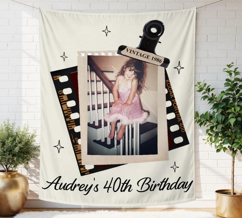 Personalized Audrey’s 40th Birthday Silk Banner with Retro Photo Design Nostalgic Party Backdrop Custom Milestone Birthday Decor Gift