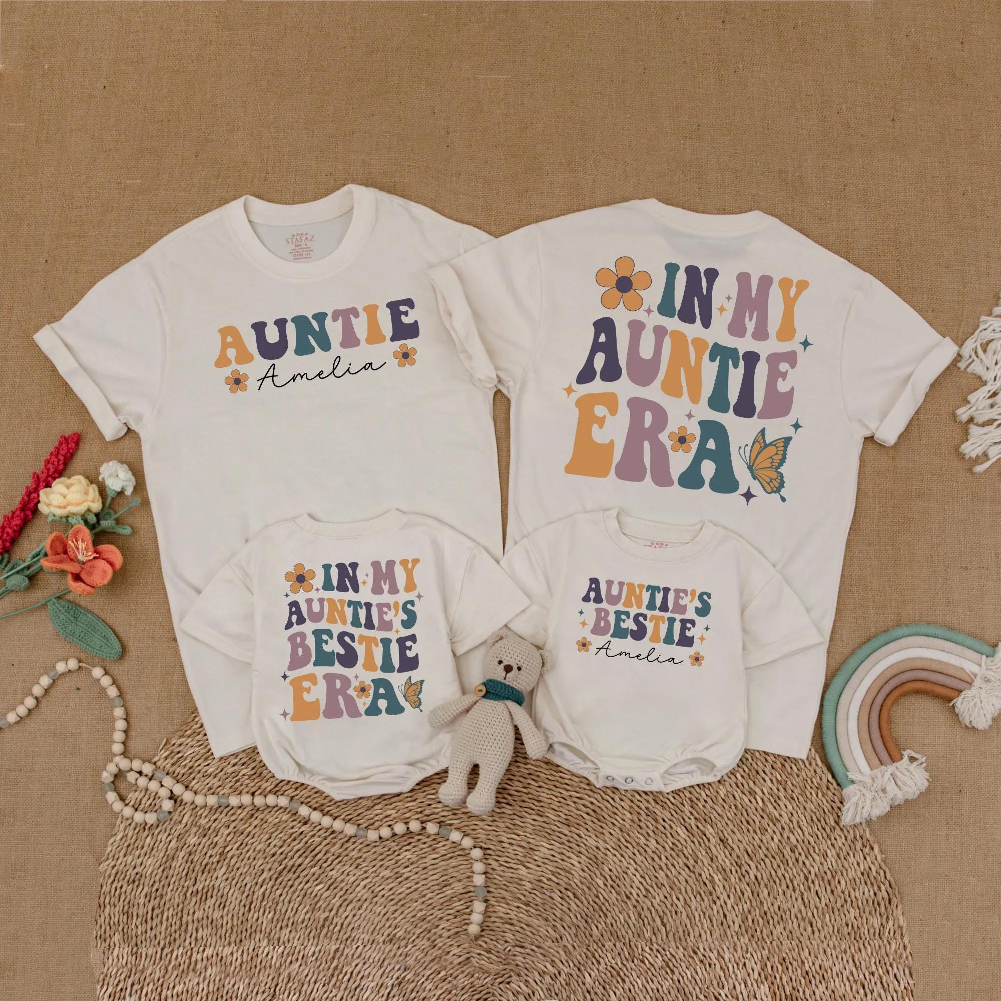 Personalized Auntie and Baby Matching Shirts Colorful Retro Design Custom Gift for Niece Nephew Newborn Holiday Cotton Outfit