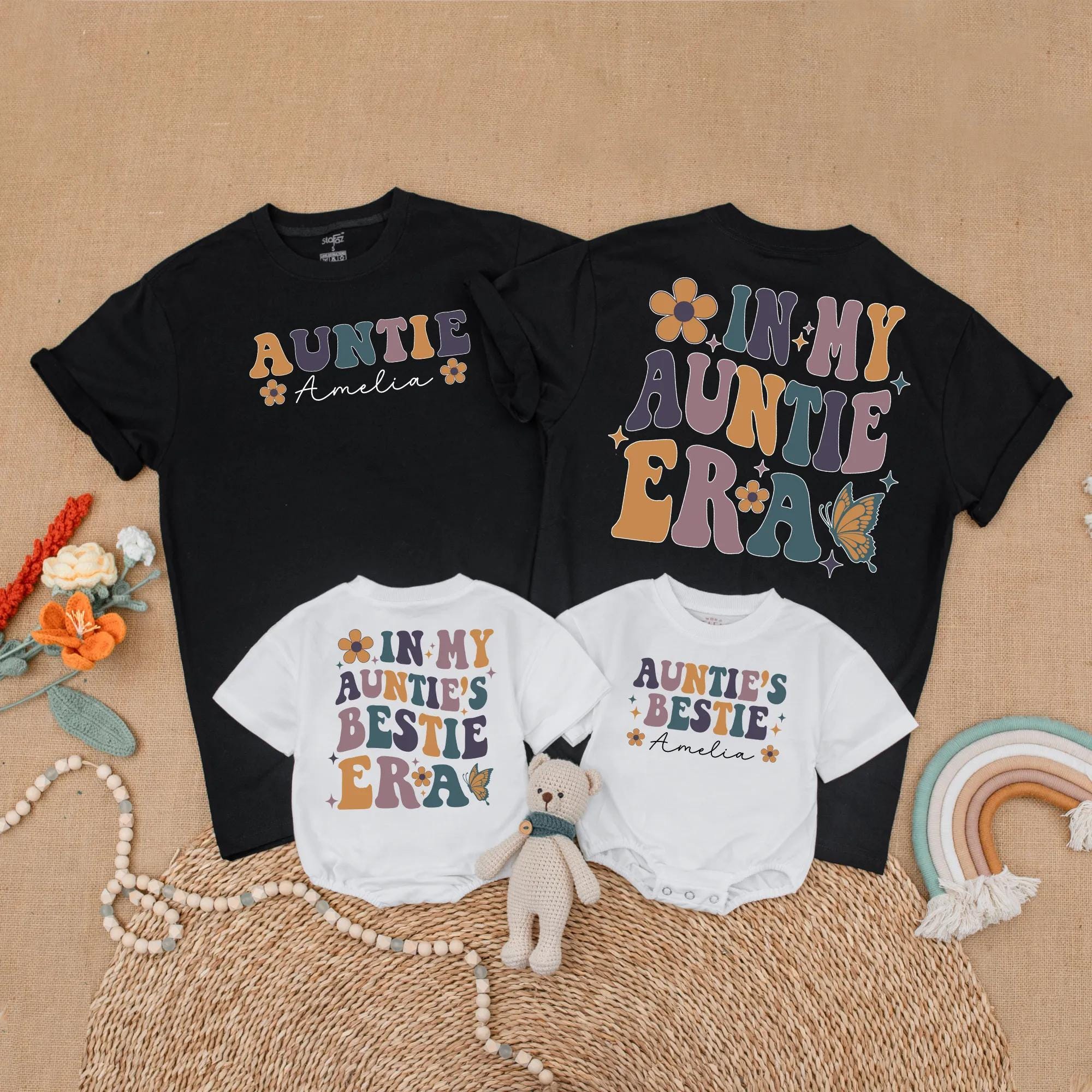Personalized Auntie and Baby Matching Shirts Colorful Retro Design Custom Gift for Niece Nephew Newborn Holiday Cotton Outfit
