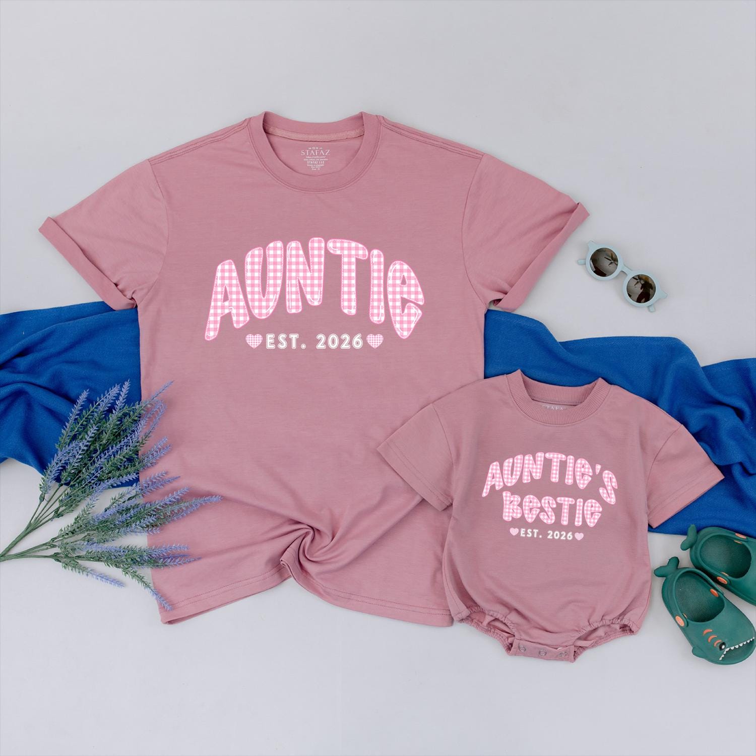 Personalized Auntie and Baby Matching Shirts with Pink Gingham Text, Soft Cotton Outfit for New Aunt Gift or Milestone Photos