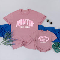 Personalized Auntie and Baby Matching Shirts with Pink Gingham Text, Soft Cotton Outfit for New Aunt Gift or Milestone Photos