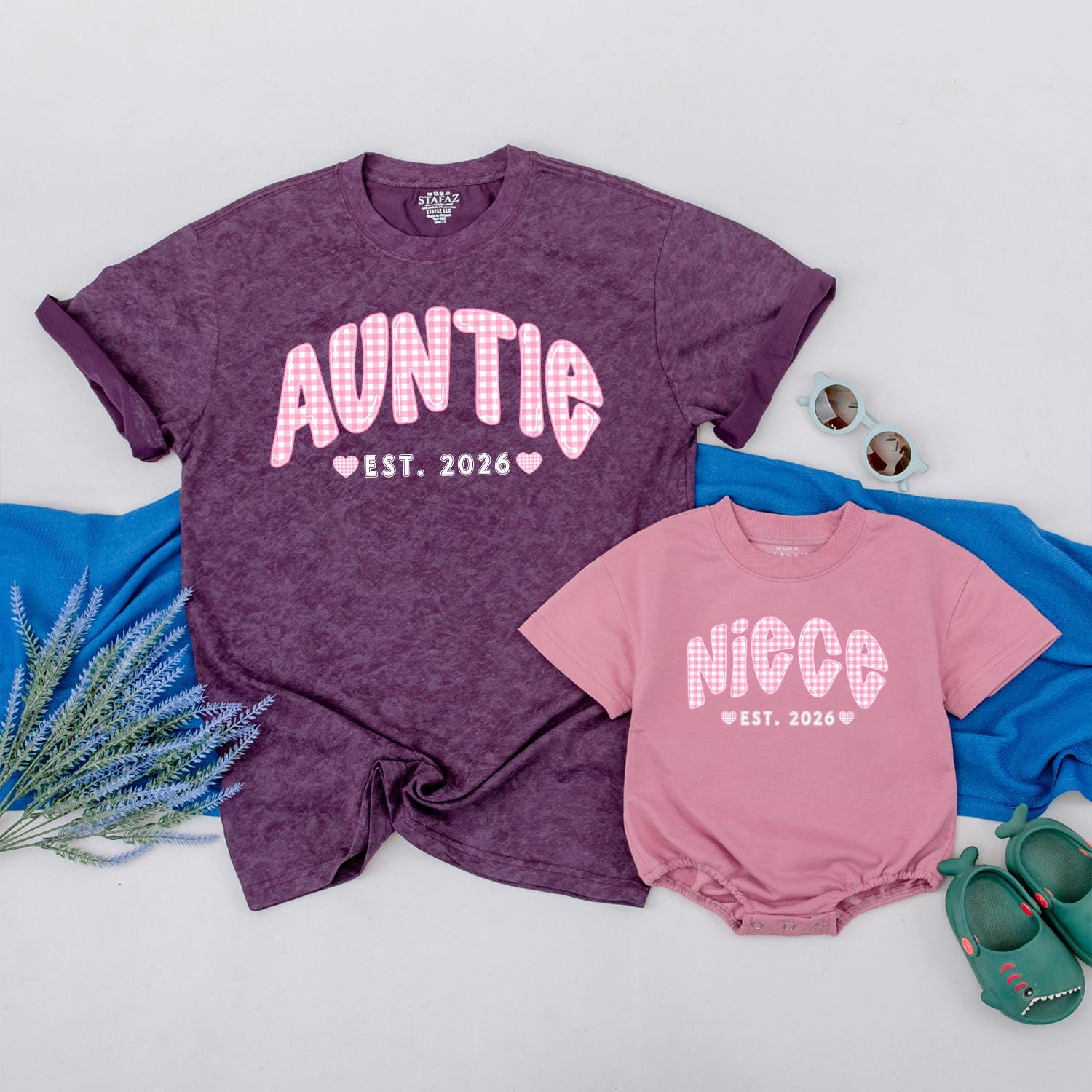 Personalized Auntie and Baby Matching Shirts with Pink Gingham Text, Soft Cotton Outfit for New Aunt Gift or Milestone Photos